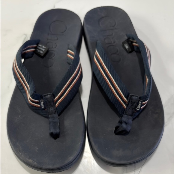 Chaco Navy Flip Flops with Striped Straps - Picture 1 of 5